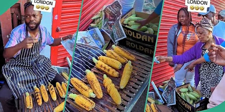 Naija people for UK rush man wey dey sell roasted corn for road